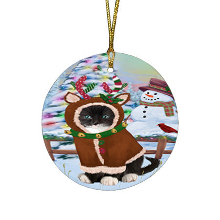 Christmas Gingerbread House Candyfest Tuxedo Cat Round Flat Christmas Ornament RFPOR56937