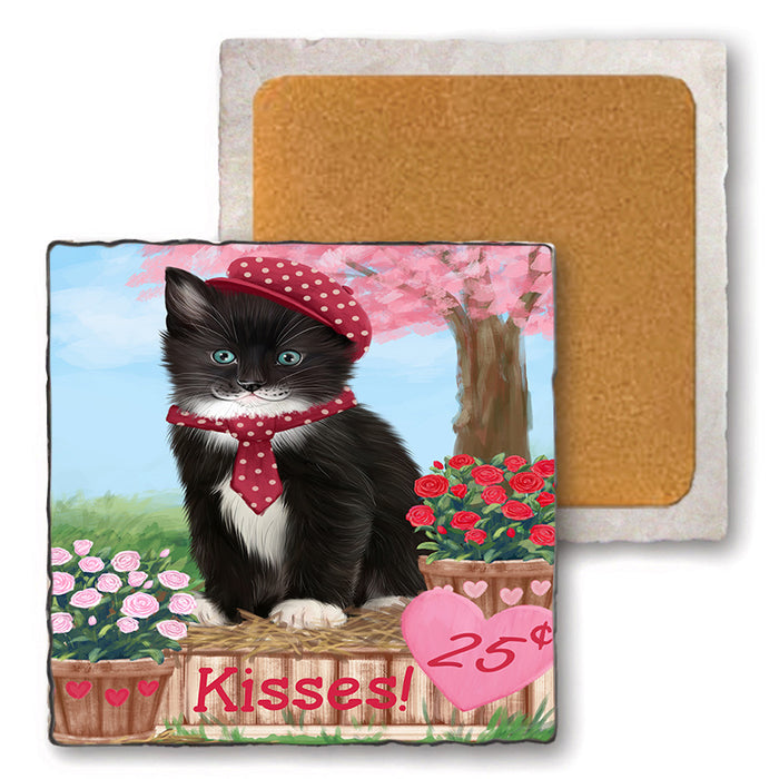 Rosie 25 Cent Kisses Tuxedo Cat Set of 4 Natural Stone Marble Tile Coasters MCST51254