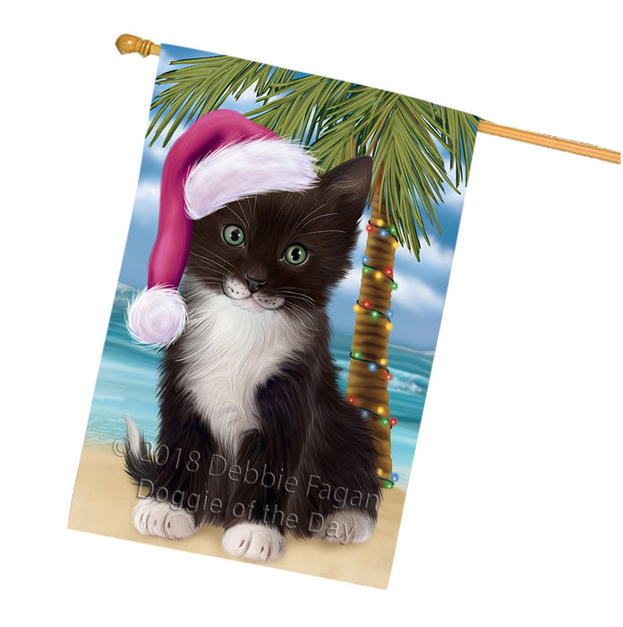 Summertime Happy Holidays Christmas Tuxedo Cat on Tropical Island Beach House Flag FLG54790