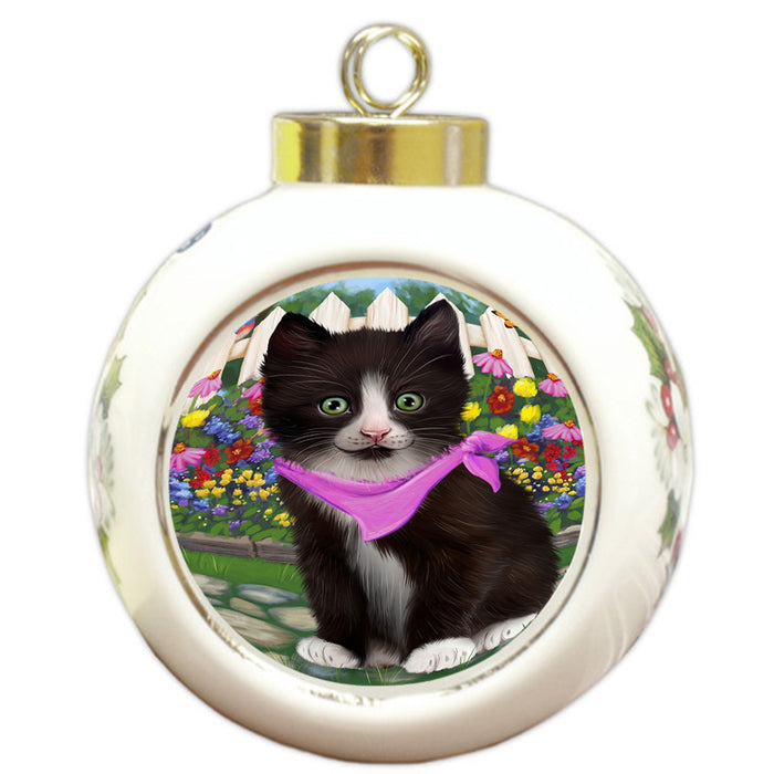 Spring Floral Tuxedo Cat Round Ball Christmas Ornament RBPOR52281