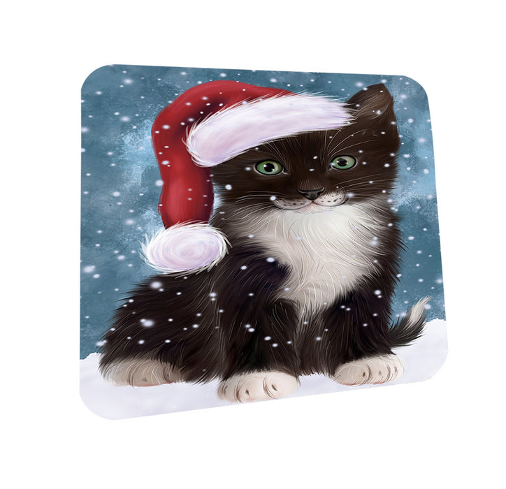 Let it Snow Christmas Holiday Tuxedo Cat Wearing Santa Hat Coasters Set of 4 CST54288