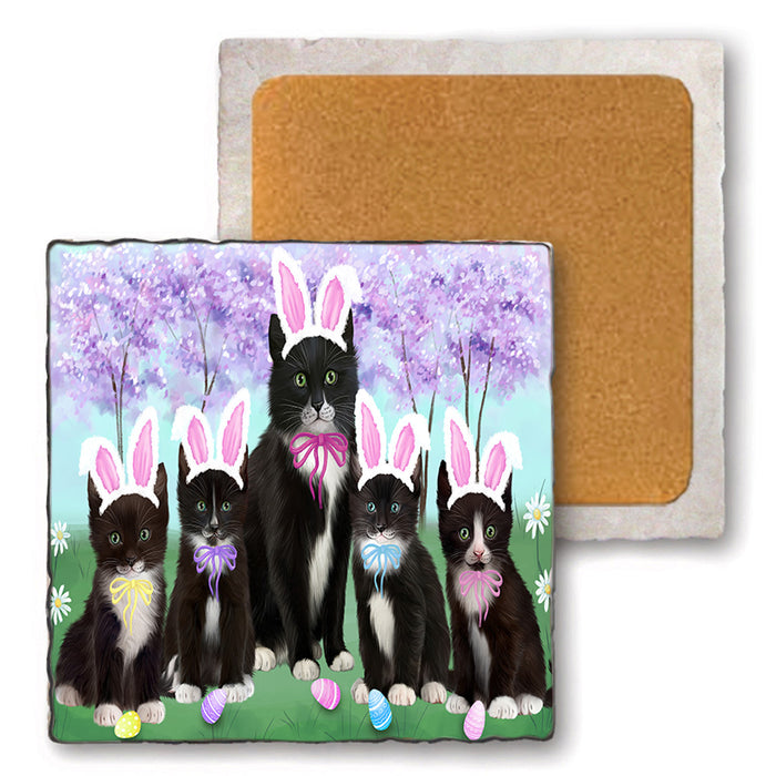 Easter Holiday Tuxedo Cats Set of 4 Natural Stone Marble Tile Coasters MCST51949
