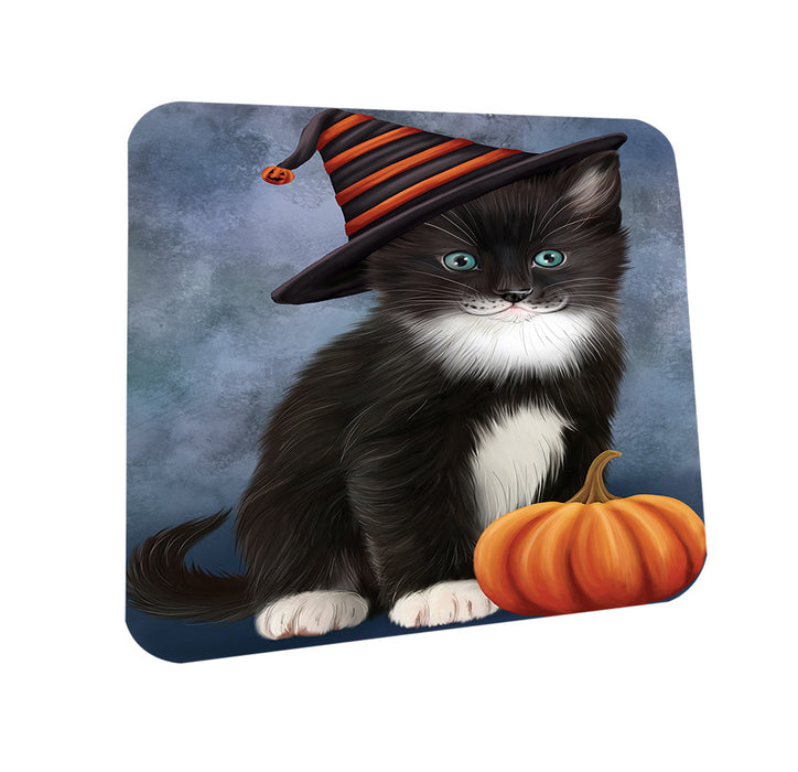 Happy Halloween Tuxedo Cat Wearing Witch Hat with Pumpkin Coasters Set of 4 CST54707
