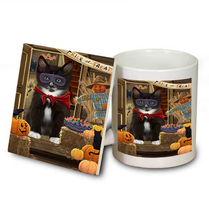 Enter at Own Risk Trick or Treat Halloween Tuxedo Cat Mug and Coaster Set MUC53312