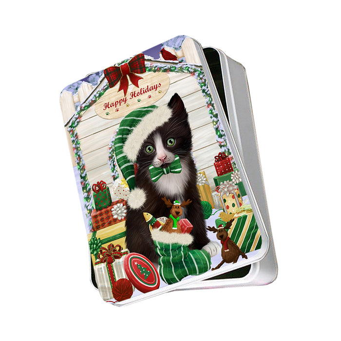 Happy Holidays Christmas Tuxedo Cat With Presents Photo Storage Tin PITN52691