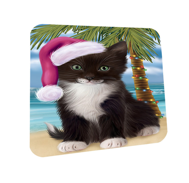 Summertime Happy Holidays Christmas Tuxedo Cat on Tropical Island Beach Coasters Set of 4 CST54422