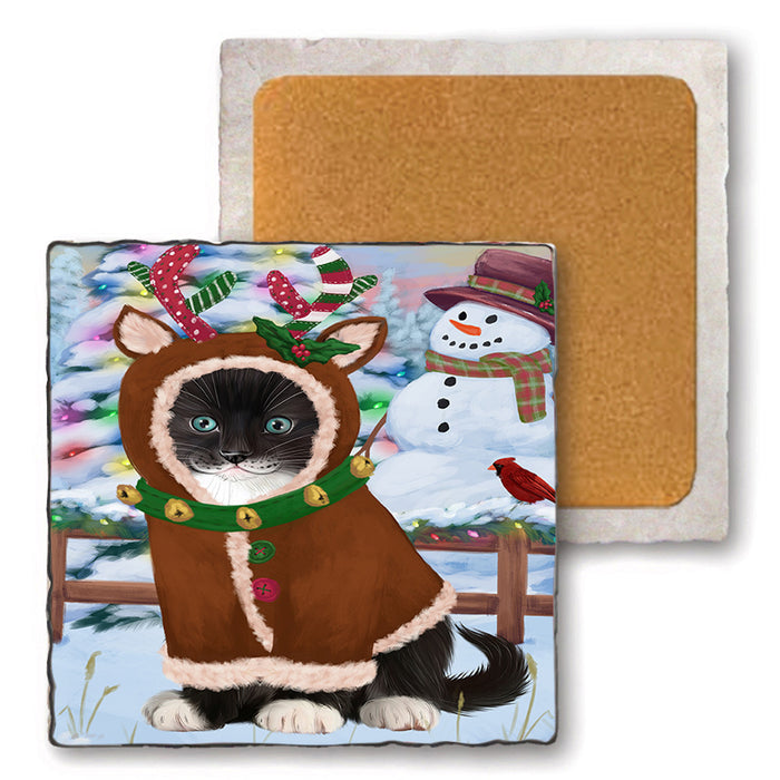 Christmas Gingerbread House Candyfest Tuxedo Cat Set of 4 Natural Stone Marble Tile Coasters MCST51581