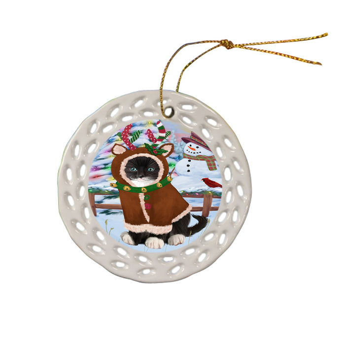 Christmas Gingerbread House Candyfest Tuxedo Cat Ceramic Doily Ornament DPOR56937
