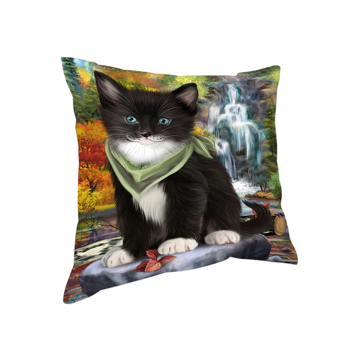 Scenic Waterfall Tuxedo Cat Pillow PIL64264