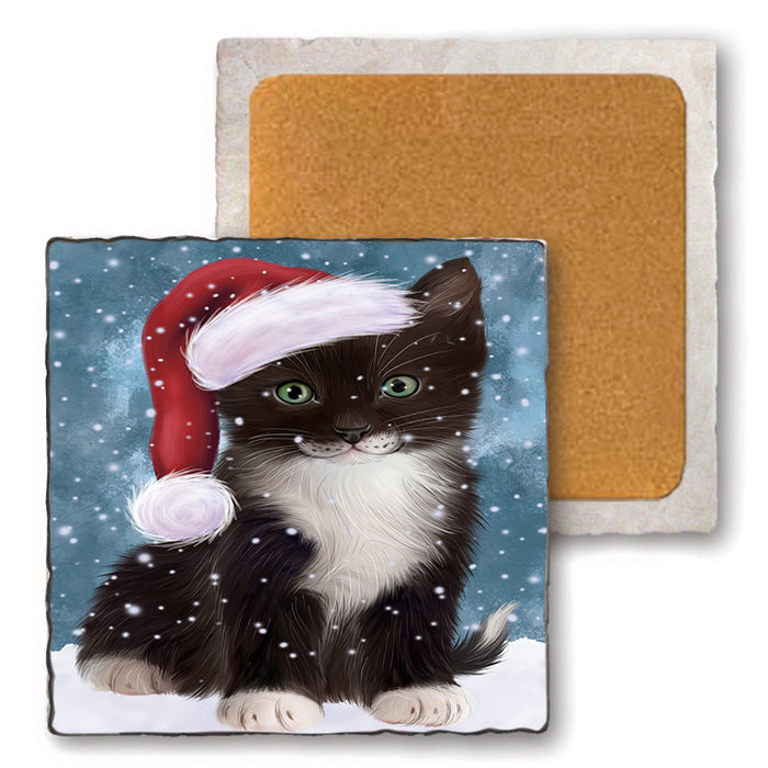 Let it Snow Christmas Holiday Tuxedo Cat Wearing Santa Hat Set of 4 Natural Stone Marble Tile Coasters MCST49330