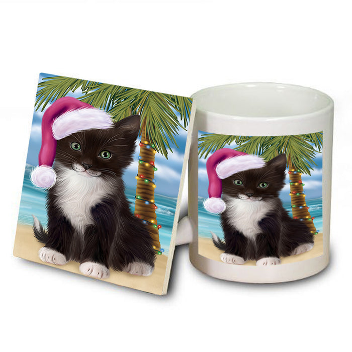 Summertime Happy Holidays Christmas Tuxedo Cat on Tropical Island Beach Mug and Coaster Set MUC54456