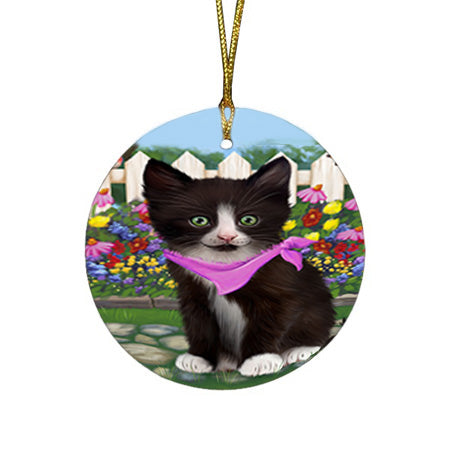 Spring Floral Tuxedo Cat Round Flat Christmas Ornament RFPOR52272