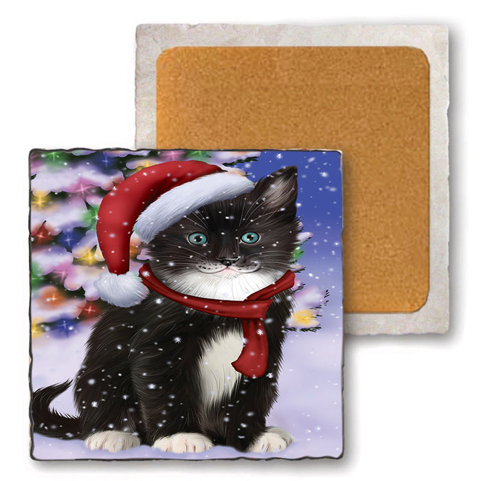 Winterland Wonderland Tuxedo Cat In Christmas Holiday Scenic Background Set of 4 Natural Stone Marble Tile Coasters MCST48785