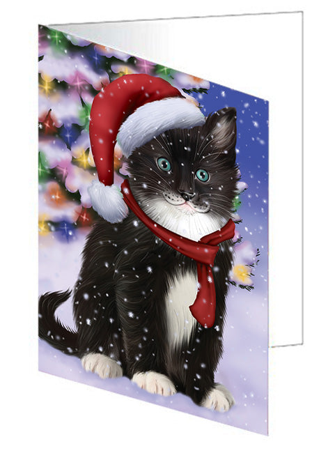 Winterland Wonderland Tuxedo Cat In Christmas Holiday Scenic Background Handmade Artwork Assorted Pets Greeting Cards and Note Cards with Envelopes for All Occasions and Holiday Seasons GCD65384