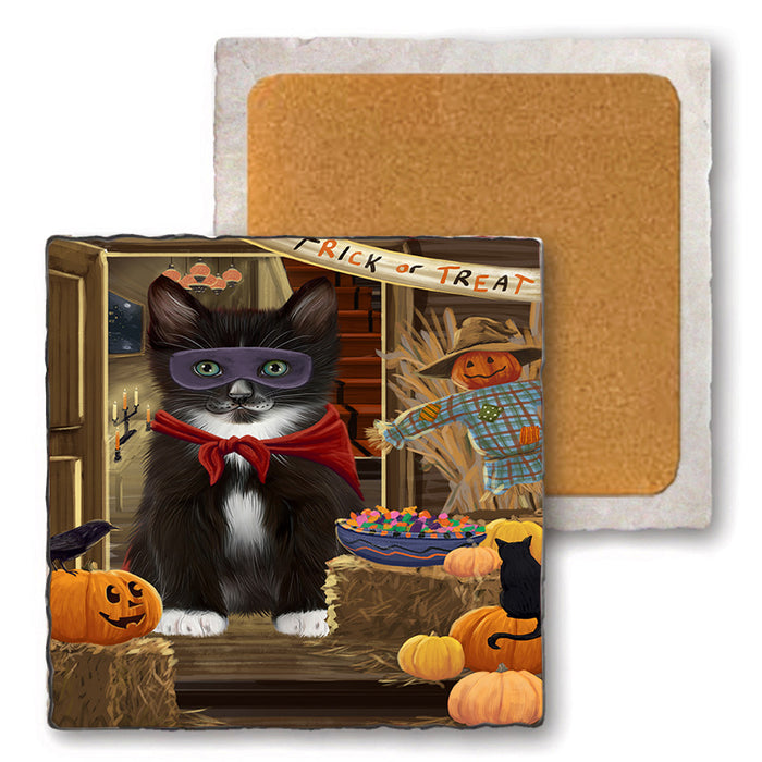 Enter at Own Risk Trick or Treat Halloween Tuxedo Cat Set of 4 Natural Stone Marble Tile Coasters MCST48320