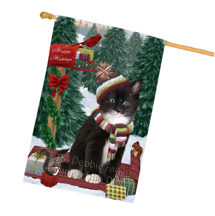 Merry Christmas Woodland Sled Tuxedo Cat House Flag FLG55491