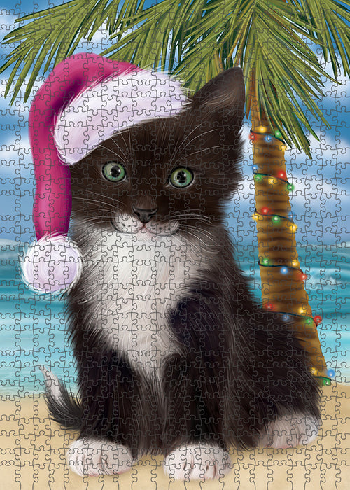 Summertime Happy Holidays Christmas Tuxedo Cat on Tropical Island Beach Puzzle with Photo Tin PUZL85524