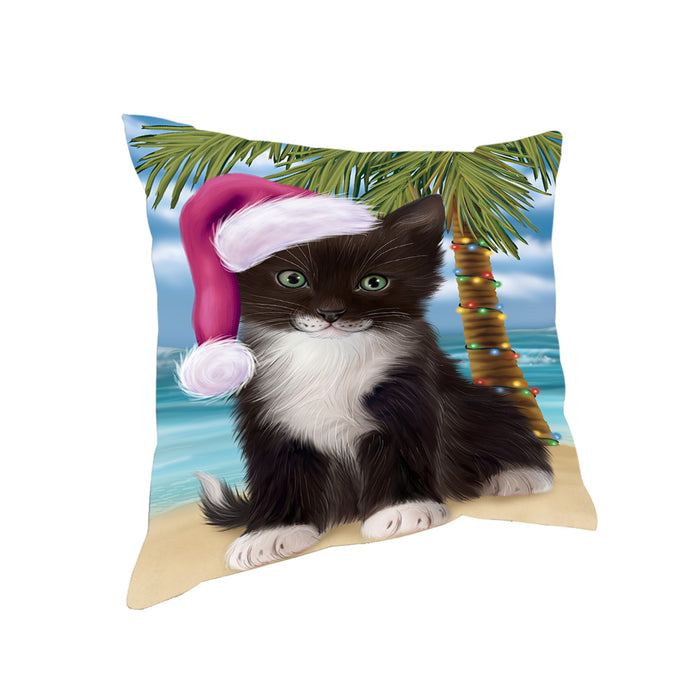 Summertime Happy Holidays Christmas Tuxedo Cat on Tropical Island Beach Pillow PIL74992