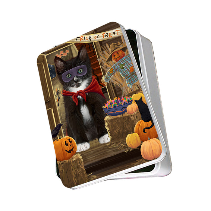 Enter at Own Risk Trick or Treat Halloween Tuxedo Cat Photo Storage Tin PITN53320