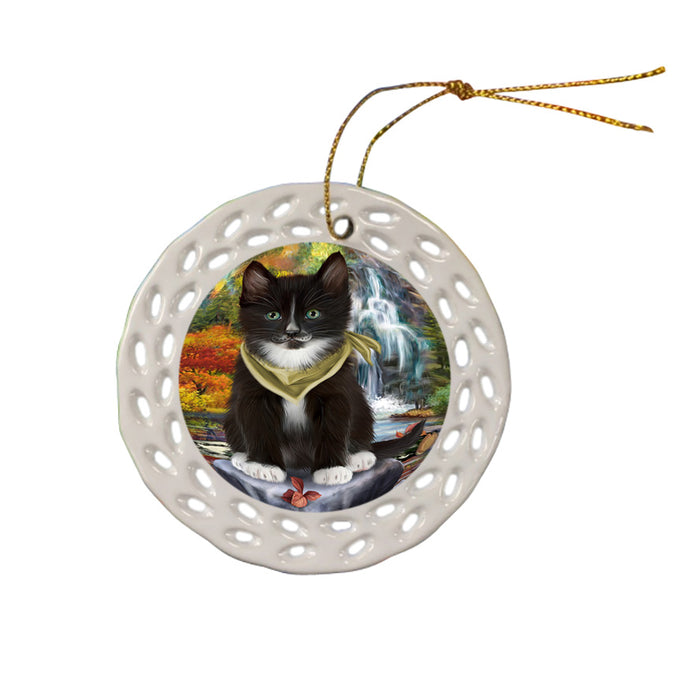Scenic Waterfall Tuxedo Cat Ceramic Doily Ornament DPOR51976