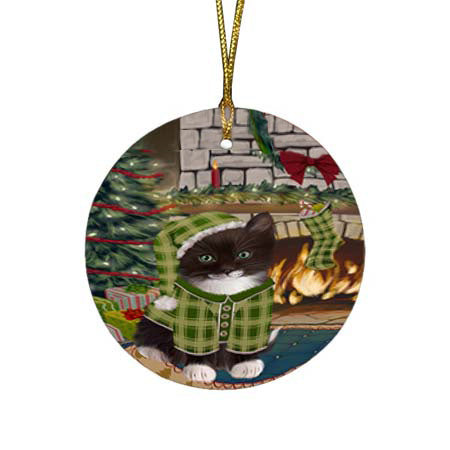 The Stocking was Hung Tuxedo Cat Round Flat Christmas Ornament RFPOR56000