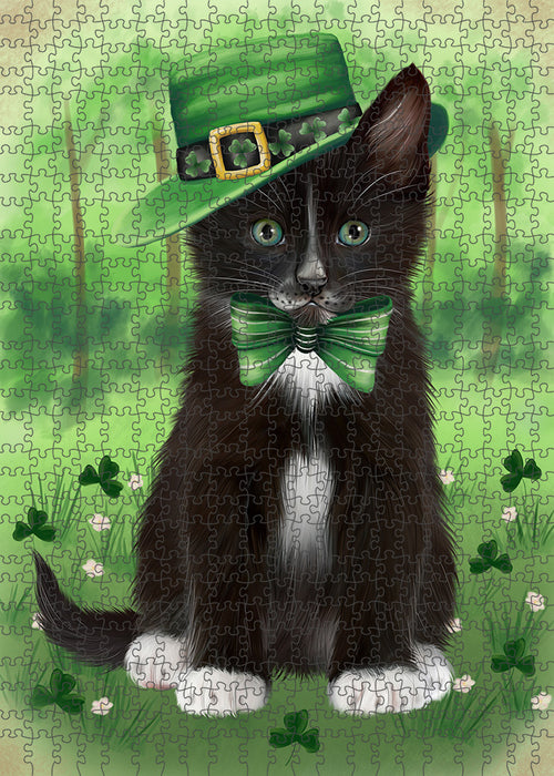 St. Patricks Day Irish Portrait Tuxedo Cat Portrait Jigsaw Puzzle for Adults Animal Interlocking Puzzle Game Unique Gift for Dog Lover's with Metal Tin Box PZL097