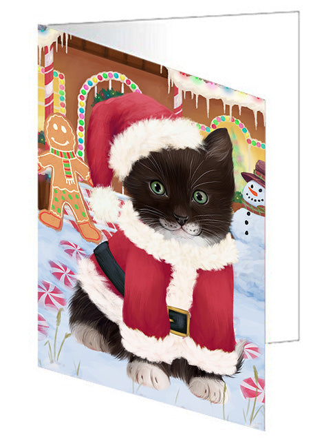 Christmas Gingerbread House Candyfest Tuxedo Cat Handmade Artwork Assorted Pets Greeting Cards and Note Cards with Envelopes for All Occasions and Holiday Seasons GCD74261
