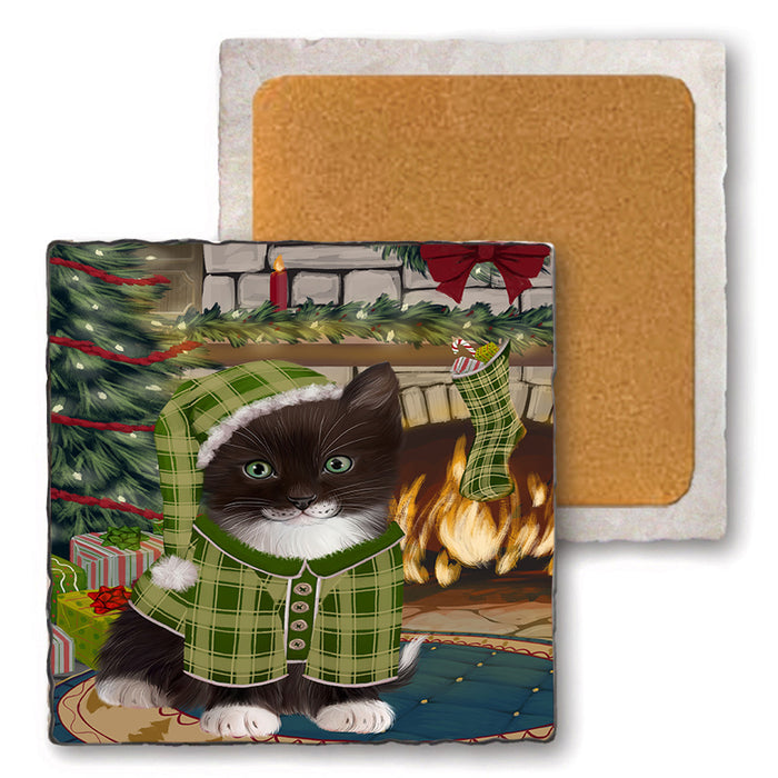 The Stocking was Hung Tuxedo Cat Set of 4 Natural Stone Marble Tile Coasters MCST50644