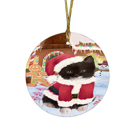 Christmas Gingerbread House Candyfest Tuxedo Cat Round Flat Christmas Ornament RFPOR56938