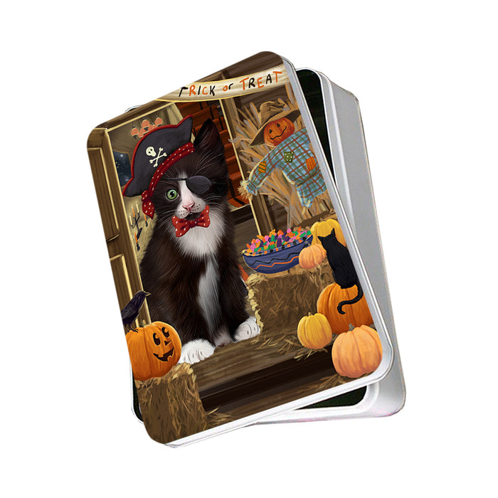 Enter at Own Risk Trick or Treat Halloween Tuxedo Cat Photo Storage Tin PITN53321