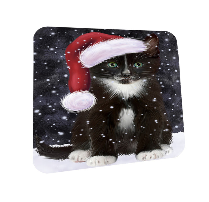 Let it Snow Christmas Holiday Tuxedo Cat Wearing Santa Hat Coasters Set of 4 CST54289