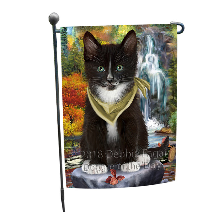 Scenic Waterfall Tuxedo Cat Garden Flag GFLG51973