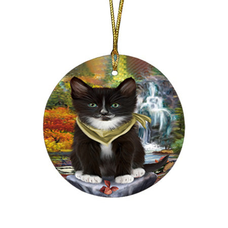 Scenic Waterfall Tuxedo Cat Round Flat Christmas Ornament RFPOR51967
