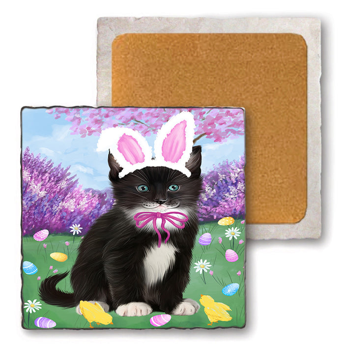 Easter Holiday Tuxedo Cat Set of 4 Natural Stone Marble Tile Coasters MCST51950