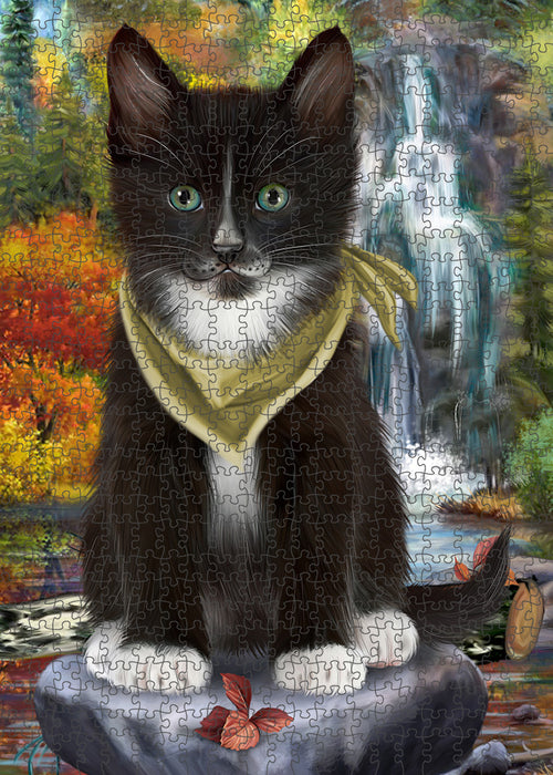 Scenic Waterfall Tuxedo Cat Puzzle with Photo Tin PUZL60015