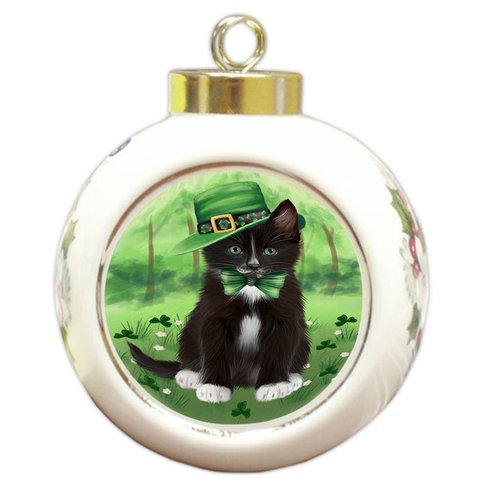 St. Patricks Day Irish Portrait Tuxedo Cat Round Ball Christmas Ornament RBPOR58181