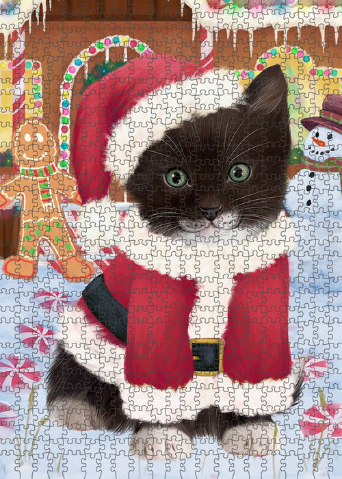 Christmas Gingerbread House Candyfest Tuxedo Cat Puzzle with Photo Tin PUZL94528