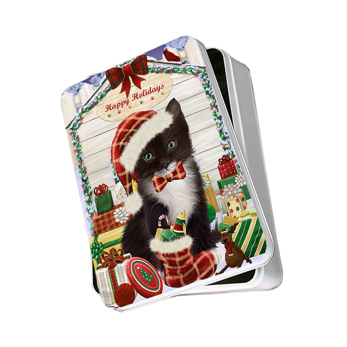 Happy Holidays Christmas Tuxedo Cat With Presents Photo Storage Tin PITN52692