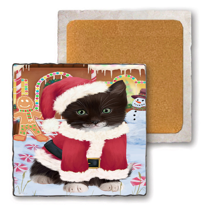 Christmas Gingerbread House Candyfest Tuxedo Cat Set of 4 Natural Stone Marble Tile Coasters MCST51582