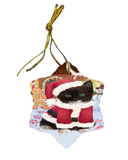 Christmas Gingerbread House Candyfest Tuxedo Cat Star Porcelain Ornament SPOR56938