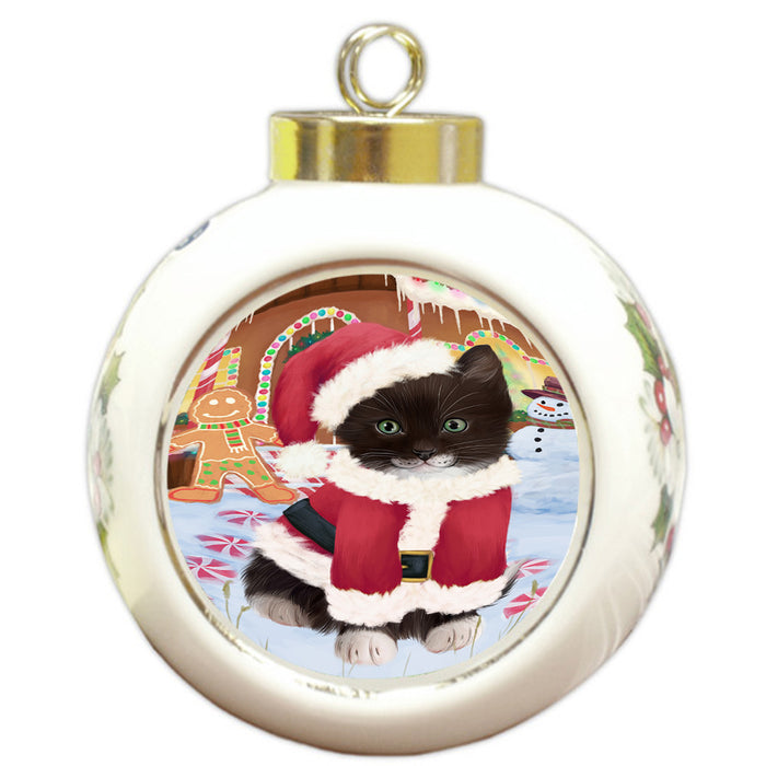 Christmas Gingerbread House Candyfest Tuxedo Cat Round Ball Christmas Ornament RBPOR56938