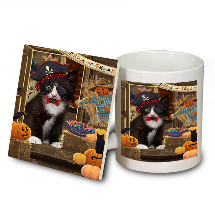 Enter at Own Risk Trick or Treat Halloween Tuxedo Cat Mug and Coaster Set MUC53313