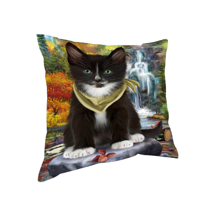 Scenic Waterfall Tuxedo Cat Pillow PIL64268