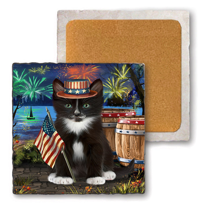 4th of July Independence Day Firework Tuxedo Cat Set of 4 Natural Stone Marble Tile Coasters MCST49103