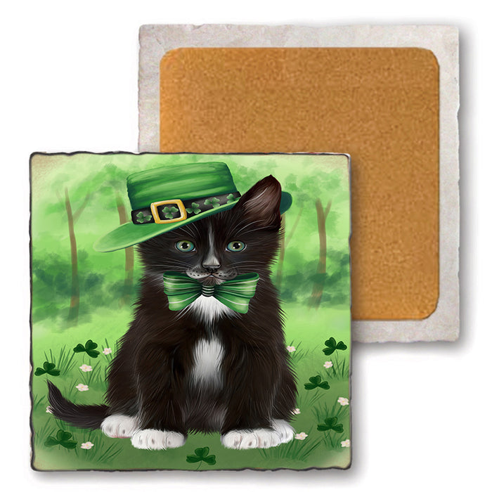 St. Patricks Day Irish Portrait Tuxedo Cat Set of 4 Natural Stone Marble Tile Coasters MCST52054