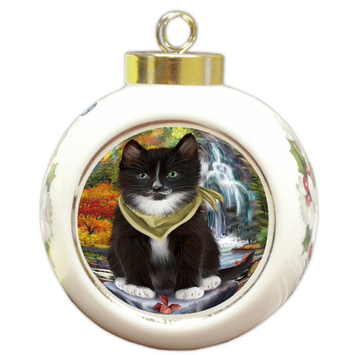 Scenic Waterfall Tuxedo Cat Round Ball Christmas Ornament RBPOR51976