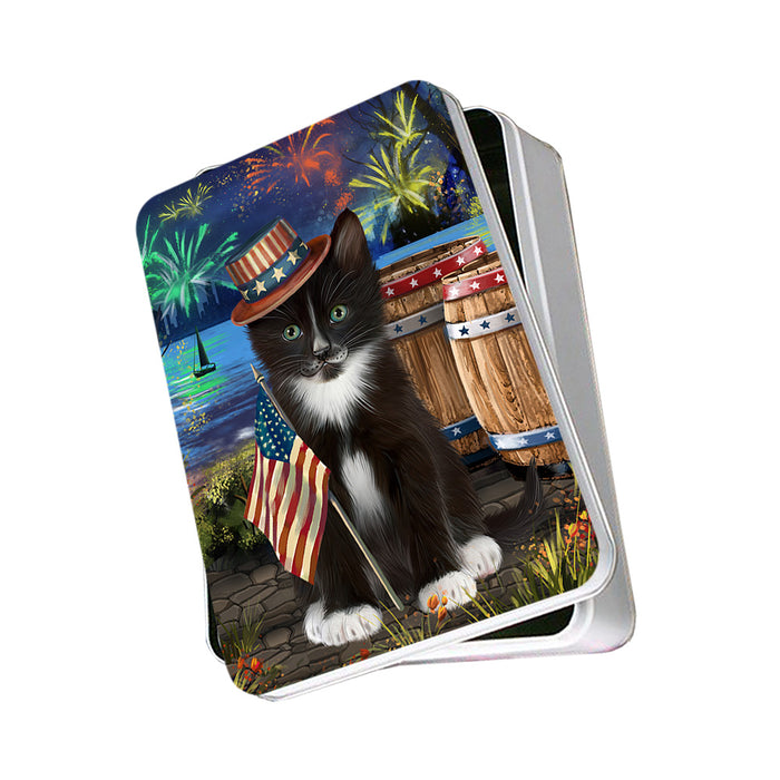 4th of July Independence Day Fireworks Tuxedo Cat at the Lake Photo Storage Tin PITN51245
