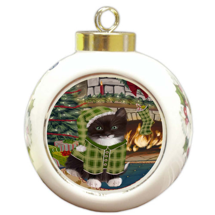 The Stocking was Hung Tuxedo Cat Round Ball Christmas Ornament RBPOR56000