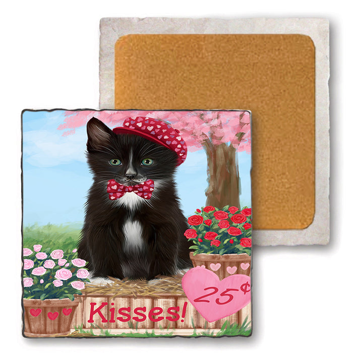Rosie 25 Cent Kisses Tuxedo Cat Set of 4 Natural Stone Marble Tile Coasters MCST51255