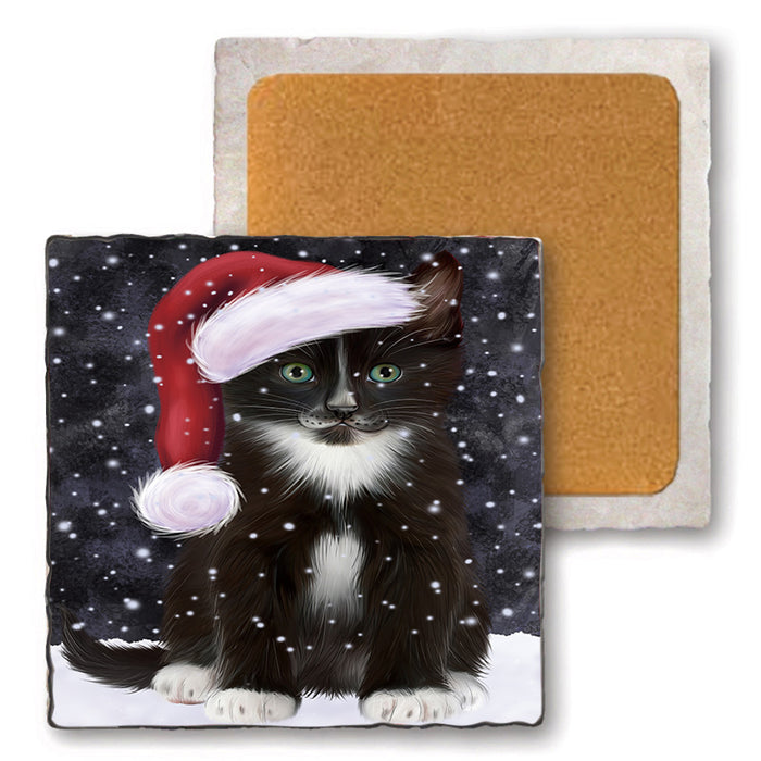 Let it Snow Christmas Holiday Tuxedo Cat Wearing Santa Hat Set of 4 Natural Stone Marble Tile Coasters MCST49331